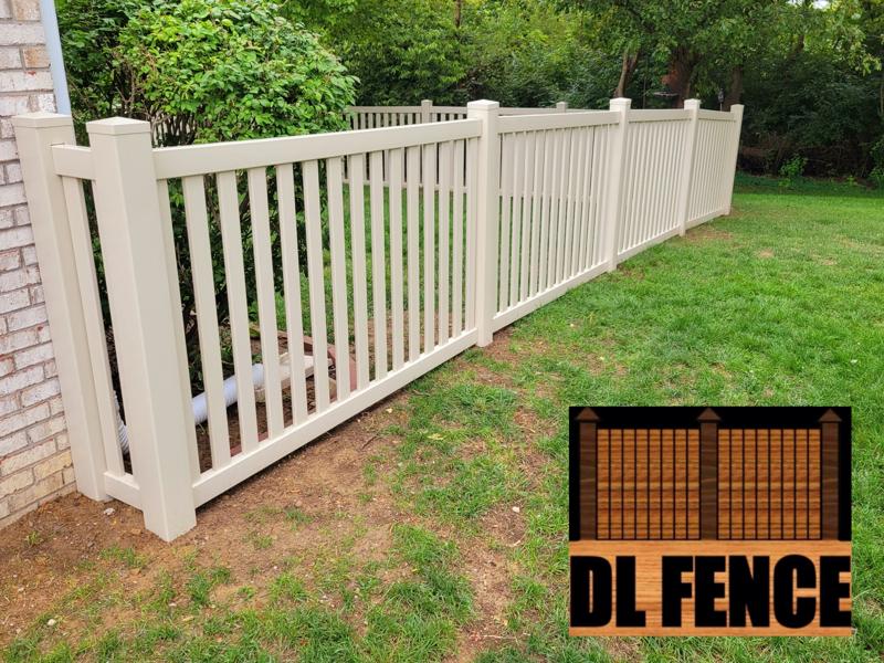Side view of vinyl tan picket fence in Carmel, Indiana